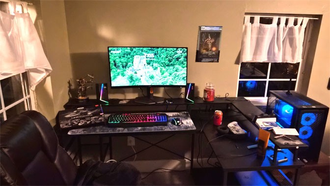 Neal Sayatovich's recently constructed gaming rig and dedicated play area.